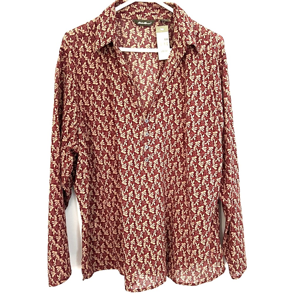 Eddie Bauer Shirt Womens 2XL Redwood Gauze Henley Leaf Print 1/2 Button NWT